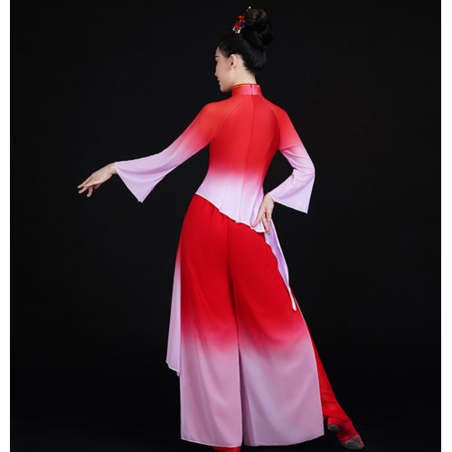 Red Pink Gradient Chinese folk Dance Yangge costume Chinese wind northeast fan Umbrella dance Dress Jiaozhou Yangko dance Suit for Women Girls art exam